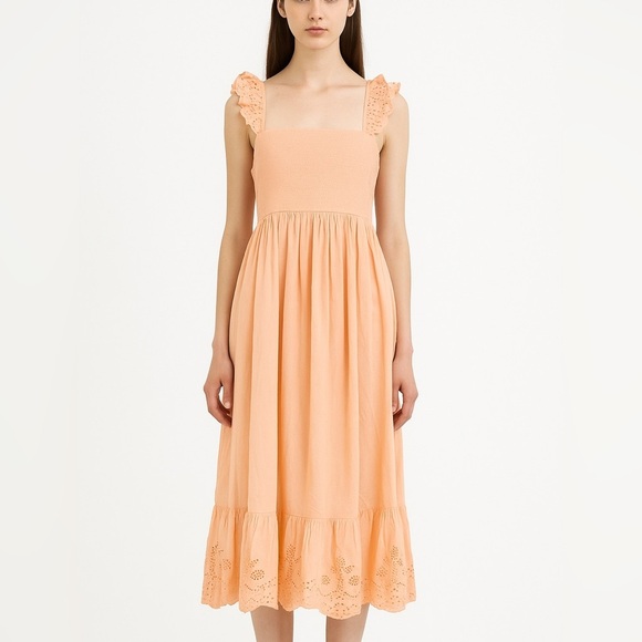 Apiece Apart 100% cotton light peach midi dress with ruffle shoulder straps - Picture 1 of 12
